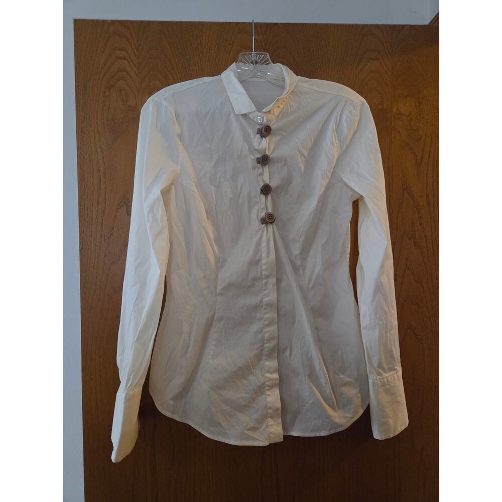 Brunello Cucinelli Blouse Top White & Grey Cotton Beaded Latch Closures XL GUC